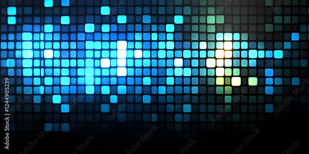 Poster glowing blue and green mosaic tiles form an abstract background with a gradient effect