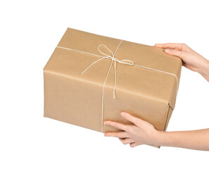 Woman with parcel box on white background, closeup