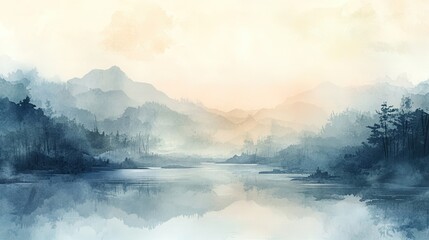 Fototapeta premium Serene Watercolor Landscape: Misty Mountains and Tranquil Lake