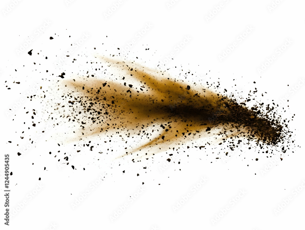Poster brown dust explosion cloud with small particles scattered dynamically across a white background