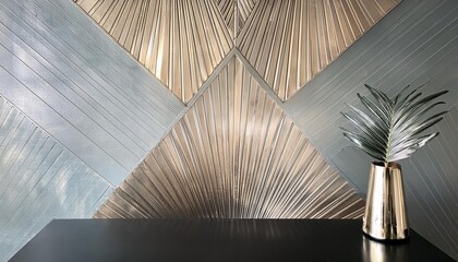 Empty Metallic Accents Wall Mockup in Art Deco Interior with Glossy Black Table with a Crystal Vase. Natural Daylight From a Window. Promotion Background.