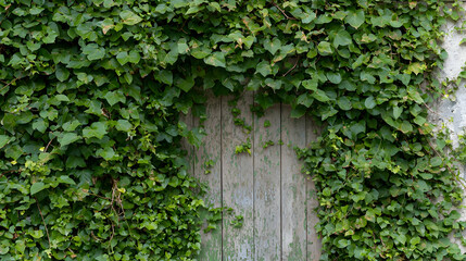 Ivy-covered rustic door, overgrown wall, garden backdrop