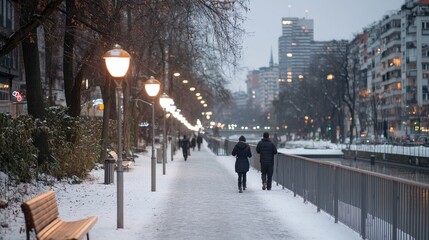 Couple strolling snowy canal path, city lights, winter evening