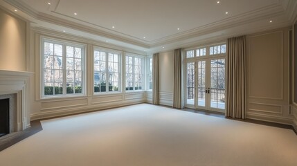 Fototapeta premium Elegant empty room with large windows, fireplace, and neutral decor.