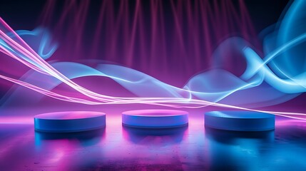 A futuristic scene with three floating podiums glowing in shades of blue and magenta, surrounded by dynamic streaks of soft white light in a sleek, modern setting.