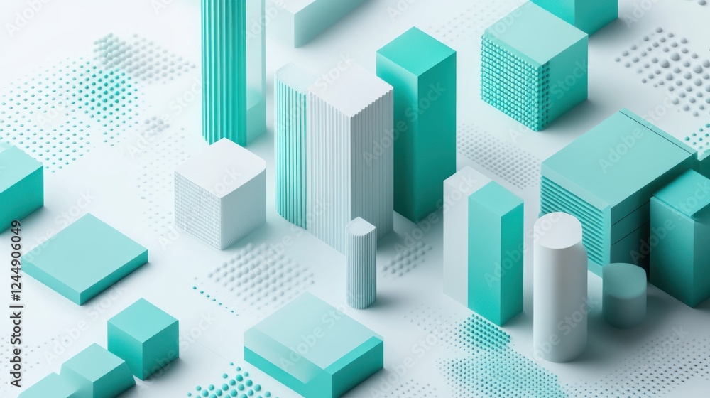Poster abstract 3d rendering of teal and white geometric shapes on a white background.