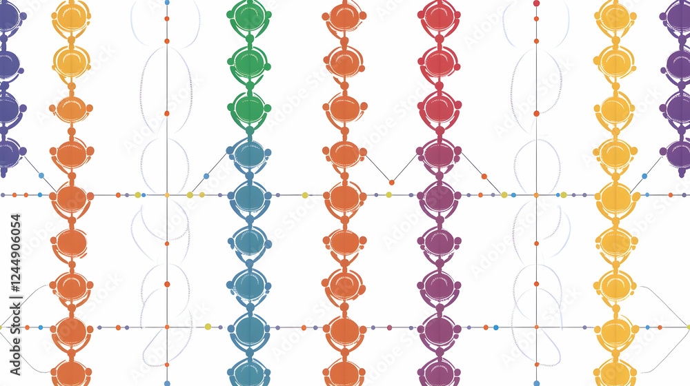 Poster colorful connected circles and lines form an abstract pattern on white background seamlessly