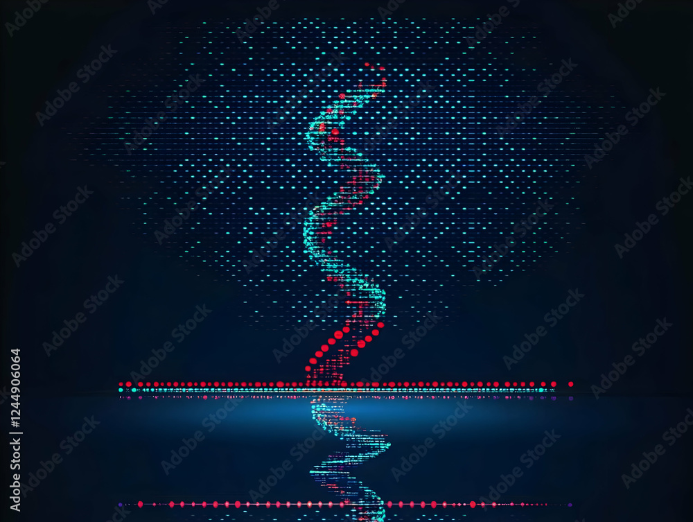 Poster abstract dna double helix structure formed by glowing dots and lines on dark blue background.