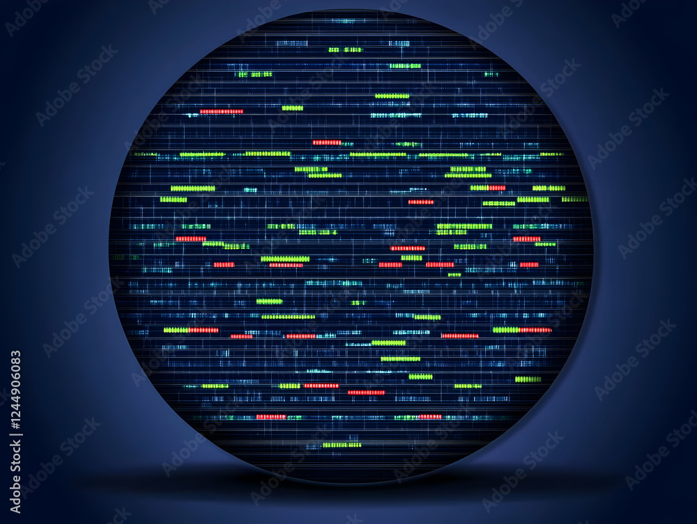 Poster abstract oval background displays digital data streams with glowing lines and dots on dark blue.