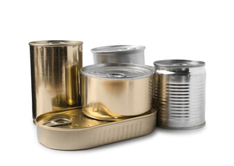 Many closed tin cans isolated on white