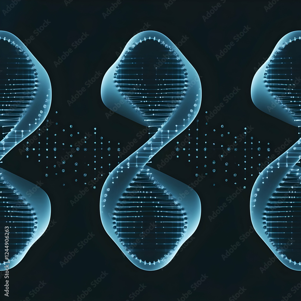 Poster abstract dna strands intertwine, forming a complex biological structure with glowing particles.
