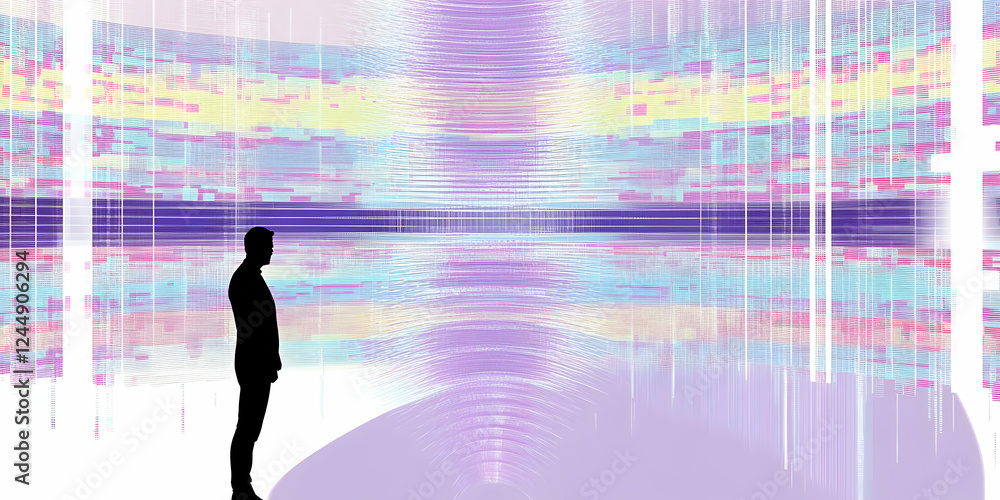 Poster silhouette observes abstract pastel data visualization, representing information flow and technologi