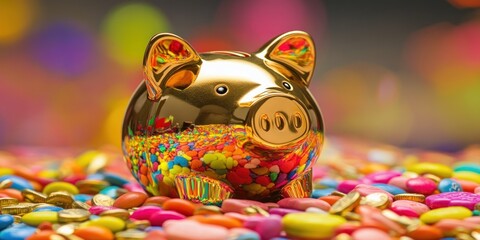 Obraz premium Golden piggy bank amidst colorful candies, representing savings and financial goals.