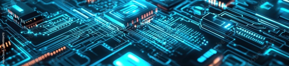 Poster close-up of a circuit board's intricate network of glowing blue lines and components.