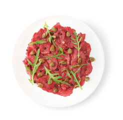Fresh beef carpaccio with arugula and capers isolated on white, top view