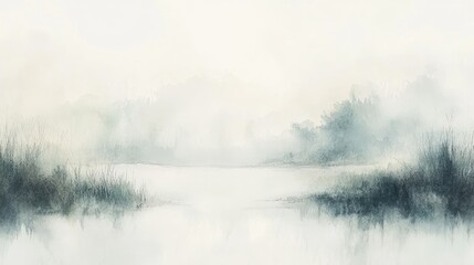 Fototapeta premium Serene Misty Lake Landscape: A Watercolor Painting