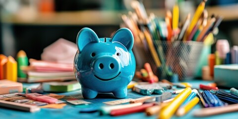 Obraz premium Blue piggy bank amidst colorful stationery on a desk.