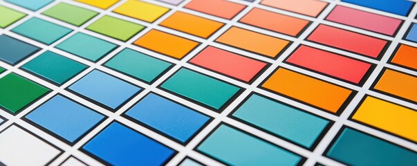 Inventory flow in distribution concept. A vibrant array of paint swatches in various colors, neatly organized in rows, showcasing a spectrum of hues for creative projects.
