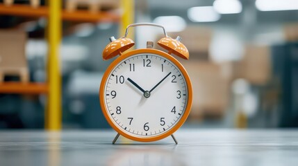 Inventory flow in distribution concept. A vintage orange alarm clock sits on a table in a warehouse, displaying the time in a bright and clear manner.