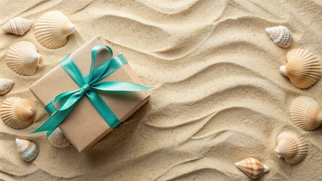 A Gift Wrapped in Nature A Small Present with a Teal Ribbon Rests on a Sandy Beach Adorned with Seashells