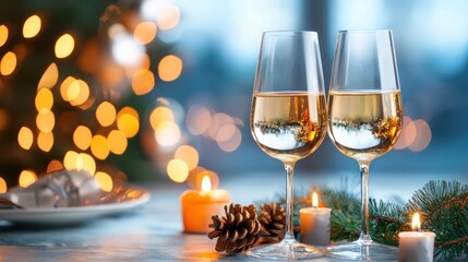 Elegant Champagne Glasses on a Beautifully Decorated Table with Candles Pine Branches and a Blurred Festive Background for a Luxurious New Year s Eve Gala