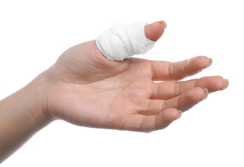 Woman with medical bandage on finger against white background, closeup