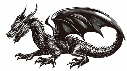 Fierce Dragon Illustration Roars with Outstretched Wings and Sharp Claws on White Background