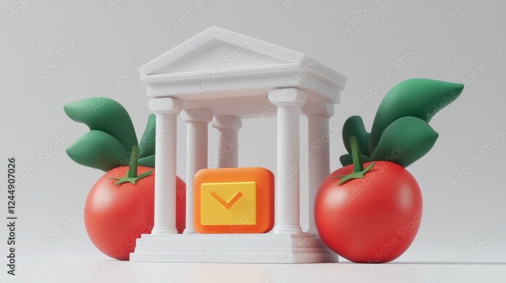 Poster 3d render of a classical temple with an email icon and tomatoes.