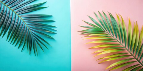 Obraz premium Tropical Palm Fronds on a Pastel Color Block Background, Ideal for Summer Designs and Branding