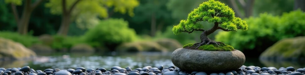 Fototapeta premium Low-angle shot of serene bonsai tree on rock with black pebble path in Zen garden, bonsai, stone