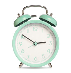 One turquoise alarm clock isolated on white