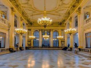 Grand Hall Illuminates with Ornate Chandeliers and Sculptures Gracefully Adorning the Walls