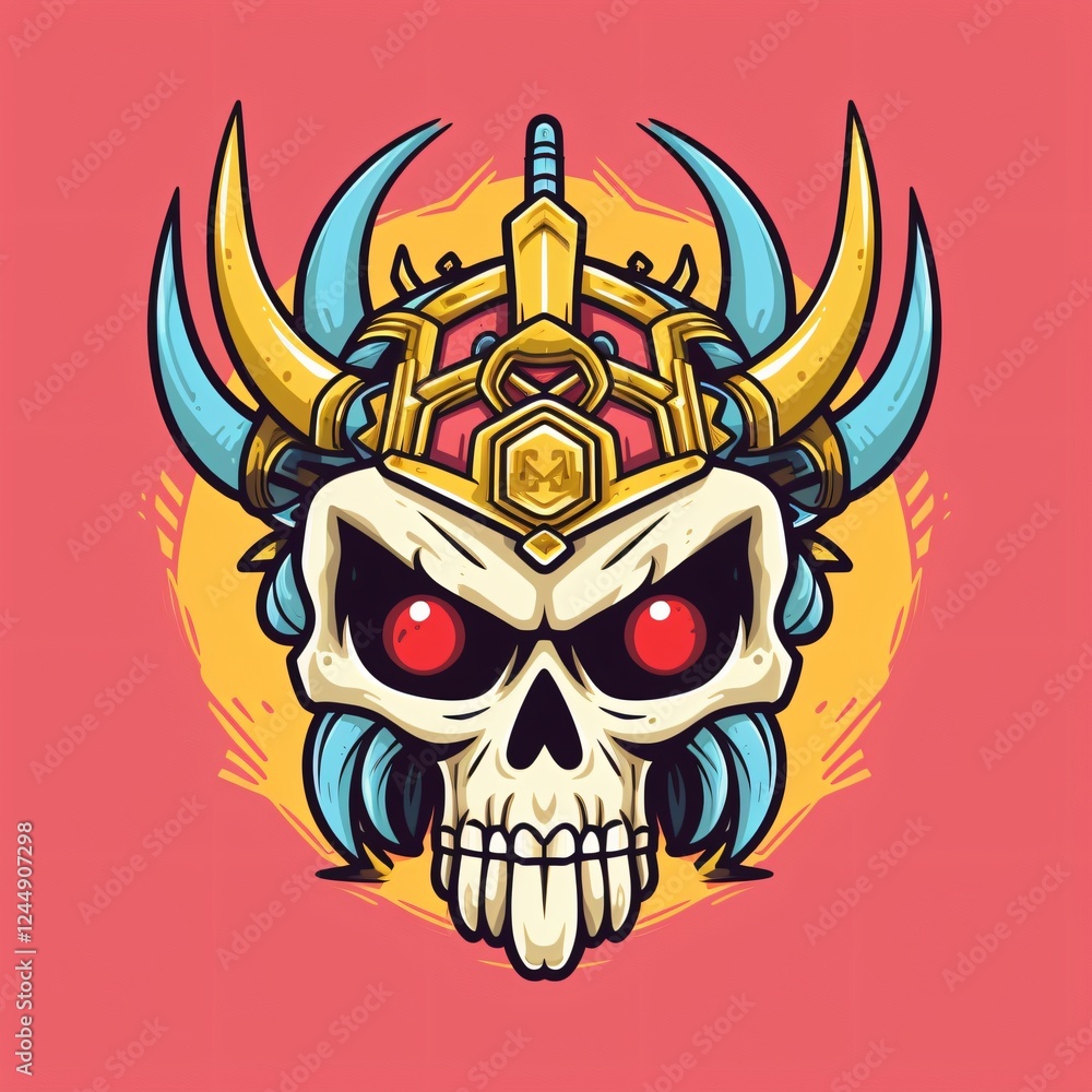 Poster skull design with horns and eyes on a vibrant background depicting a fierce and imaginative characte