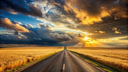 Asphalt road vanishing into a golden field at sunset under a dramatic sky