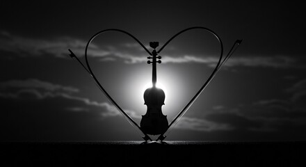 Silhouette of a violin and bow forming a heart shape, a small red gift box placed3