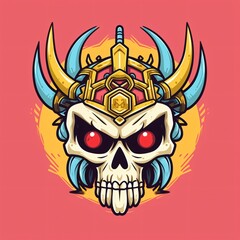 Fototapeta premium Skull Design With Horns and Eyes on a Vibrant Background Depicting a Fierce and Imaginative Character. Generative AI
