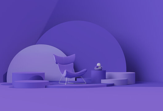Interior of the room in plain monochrome pastel purple color with furnitures and podium. Light background with copy space. 3D rendering for web page, presentation or backgrounds.