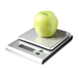 Modern electronic kitchen scale with apple isolated on white