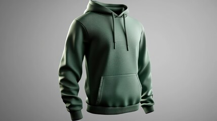 Olive green hoodie sweatshirt mockup on gray background.