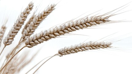 Golden wheat stalks against white background; agriculture harvest