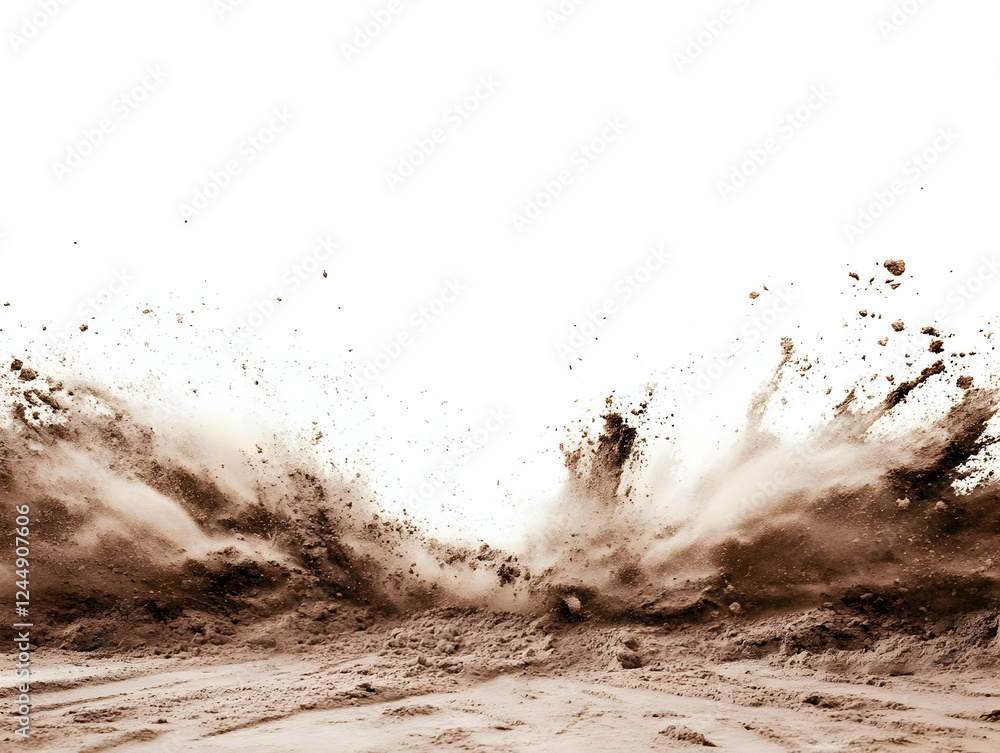 Poster brown dust explodes upward dramatically against a white backdrop, creating a dynamic visual.