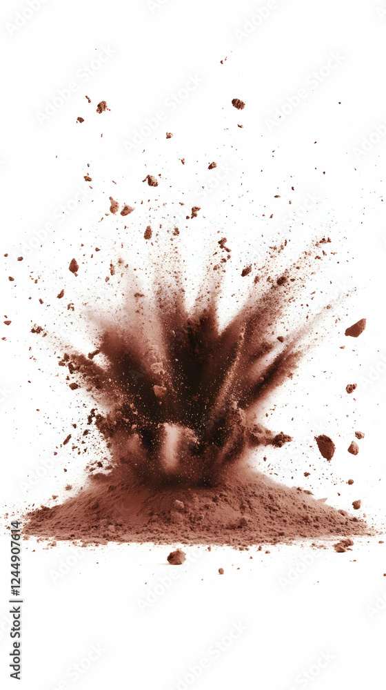 Poster brown powder explodes upward from a pile, creating a dynamic dispersion effect against a white backd