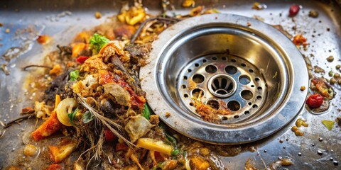 A severely clogged kitchen sink drain reveals a mass of decaying food waste