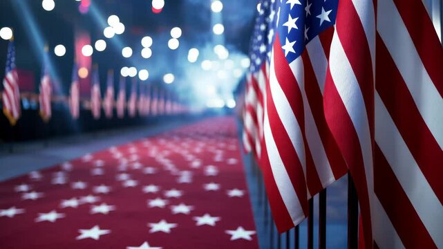 American flags adorn a red carpet amidst celebratory lights and stars