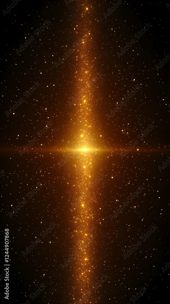 Poster golden light beam shines through dark space with sparkling particles abstract background