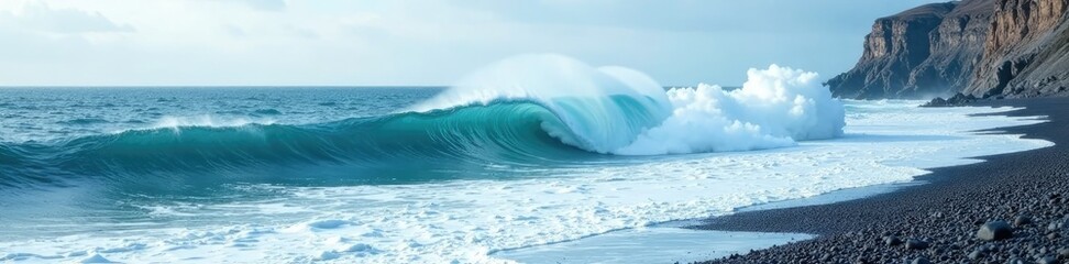Fototapeta premium Rocky coastline with sea ice and a frozen wave crashing on the shore, oceanwaves, frozenwave, wintertime
