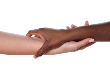 Stop racism. People of different skin colors holding hands on white background, closeup