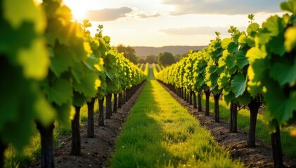 Naklejka premium rows of vines with sunlight filtering through leaves, sunlight, vineyard life, countryside