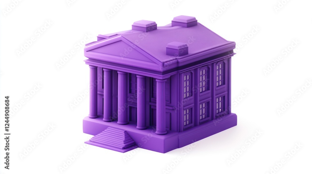 Poster purple 3d model of a classical building with columns and steps, isolated on white background.