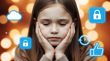  A young girl looking sad, surrounded by digital security and social media icons, highlighting themes of online privacy, cybersecurity, and the effects of internet technology on children.
